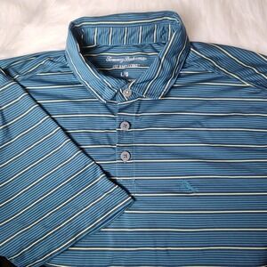 Tommy Bahama IslandZone Active Polo Shirt Mens L Blue Stripe Short Sleeve